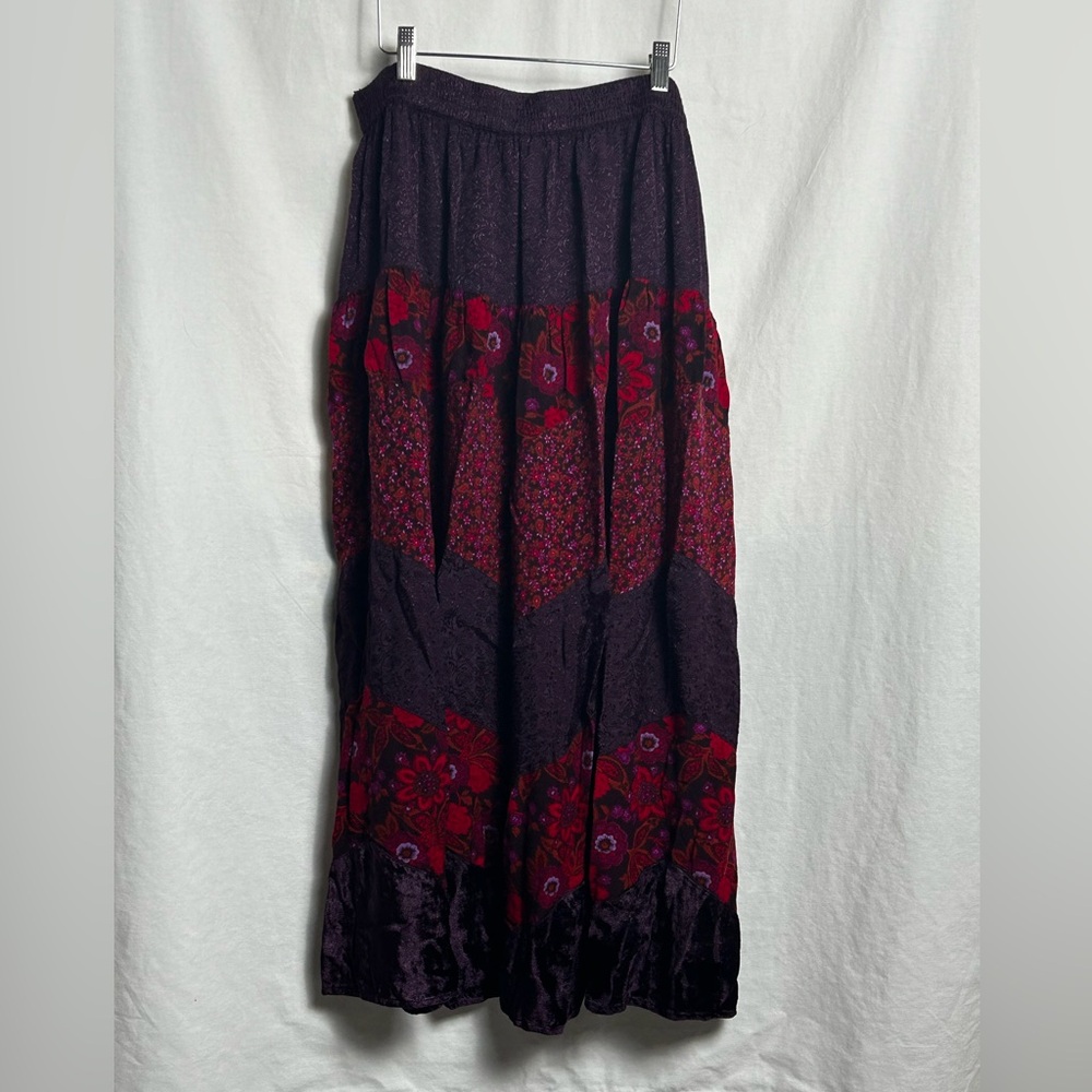 Sold! Deep purple and red/burgundy, multi floral maxi skirt with elastic waist